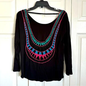 Envy Embroidered Black Cotton LS Tee Women’s Boho Hippie Chic Made In USA Size S